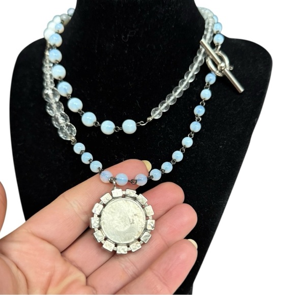 Faceted Opalite & Crystal Boho Bead Necklace with Pendant 18” Toggle Clasp - Picture 6 of 8
